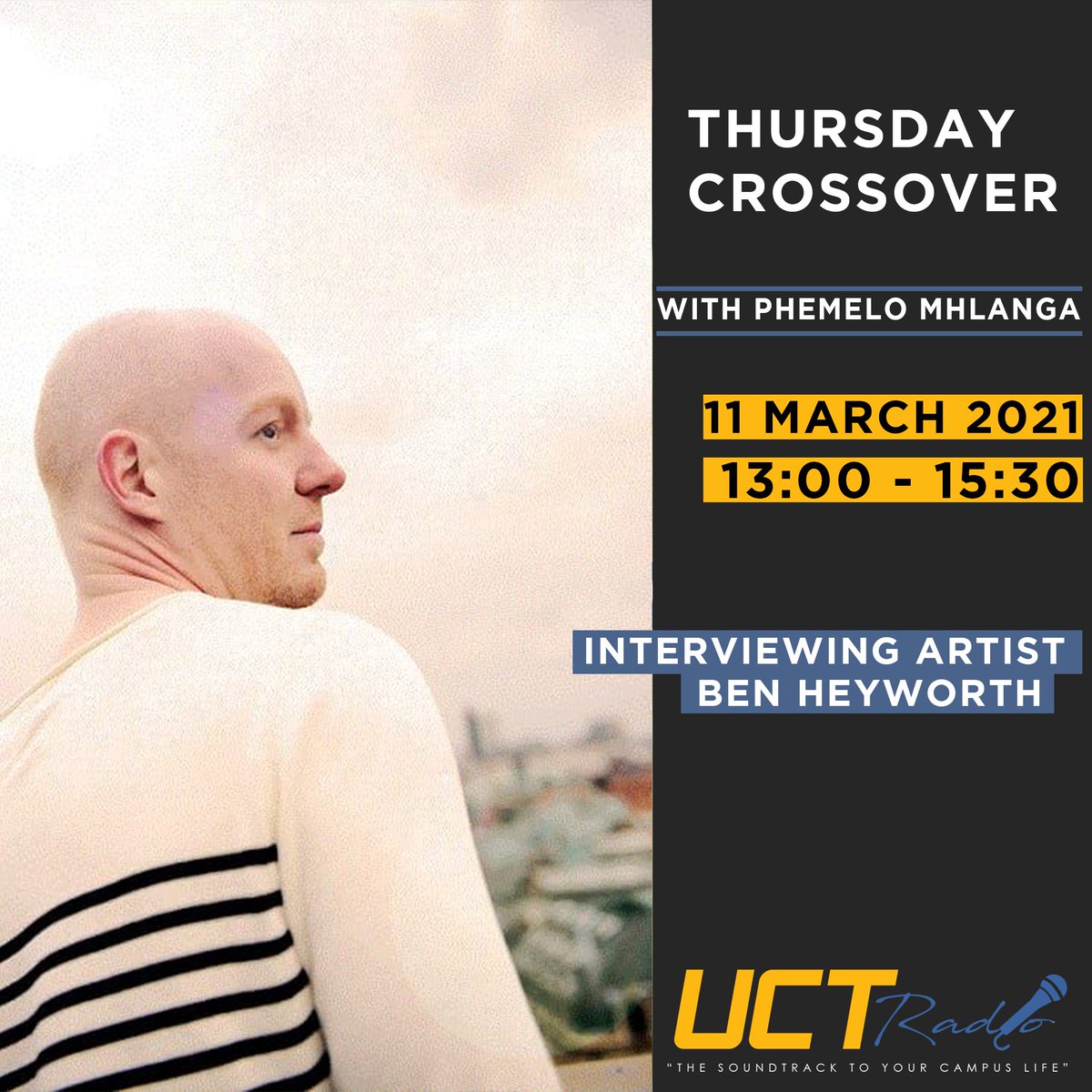 UCTRadio's tweet photo. Tune into the #CrossOverShow show tomorrow between 13:00 and 15:30 as @phemelo61 will be talking to artist, @thismorningcall and be finding what he's all about!
You Don't Want to miss this โจ
Stream it here - https://t.co/q2wzP5FAjr
#UCTRadio #ThursdayCrossOver #BenHeyworth https://t.co/RfI9fdlGc8