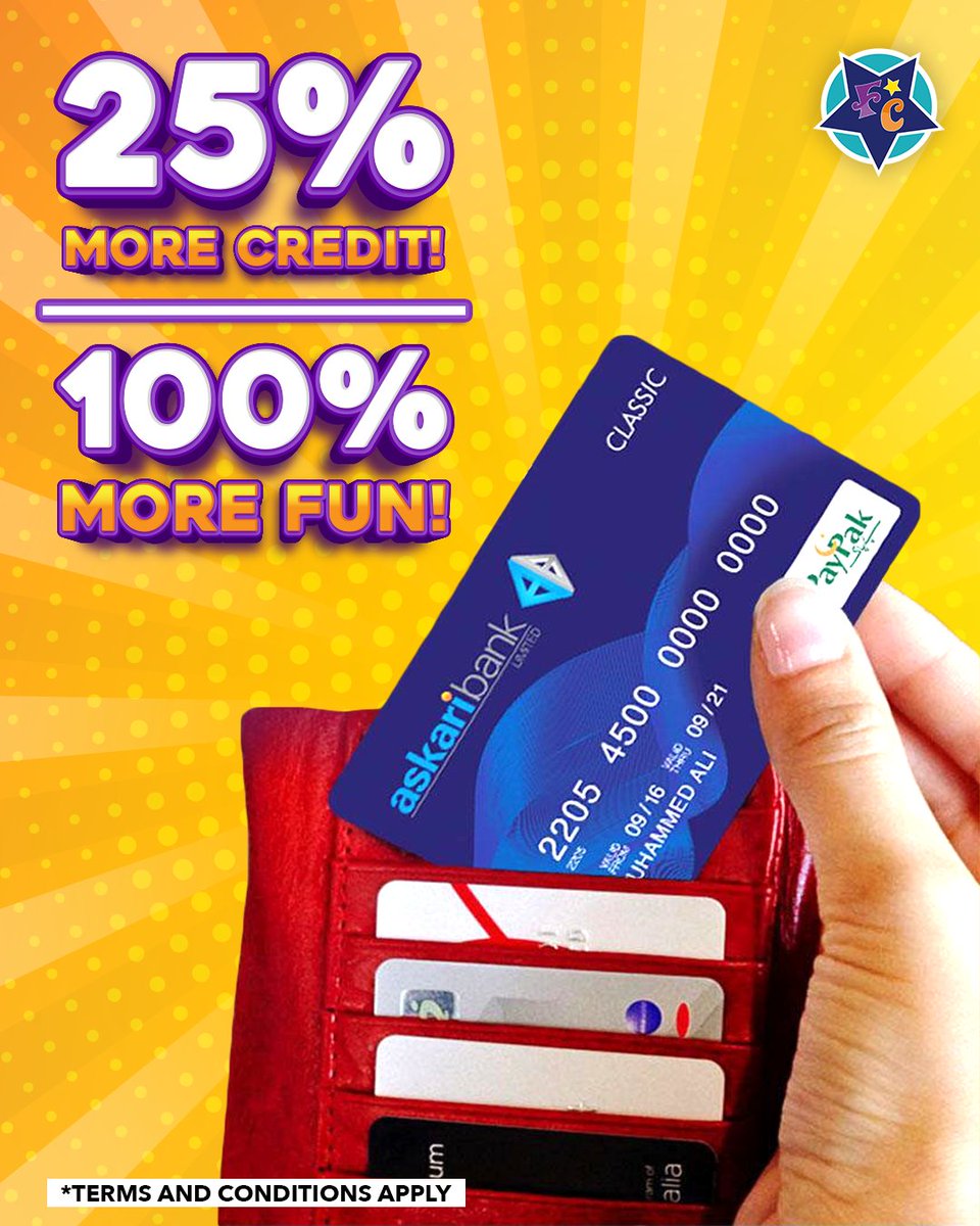 FunCityPK's tweet photo. Simply swipe your Askari Bank Credit Card &amp; Debit card &amp; get 25% extra Bonus Credit FREE.

*T&amp;C's apply*

https://t.co/9Lgpy3xcaO
#Funcitypk #Adventureunlocks #Funcitizens https://t.co/hGjK4Zh9lA