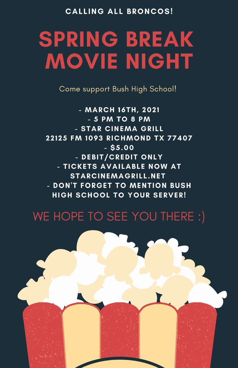 Dr. Sarah Brown (@drsarahbrown) on Twitter photo 📢 Attention Broncos!!! Spring Break Movie Night is March 16th from 5pm to 8pm at Star Cinema Grill in Richmond. Hope you all can make it! <a href="/gbhs22/">bhs22class</a> <a href="/bushstuco/">Bush Student Council</a> <a href="/BHS_Broncos/">George Bush High School</a> <a href="/gbhslibrary/">GBHS Library</a> 📢 Attention Broncos!!! Spring Break Movie Night is March 16th from 5pm to 8pm at Star Cinema Grill in Richmond. Hope you all can make it! <a href="/gbhs22/">bhs22class</a> <a href="/bushstuco/">Bush Student Council</a> <a href="/BHS_Broncos/">George Bush High School</a> <a href="/gbhslibrary/">GBHS Library</a>
