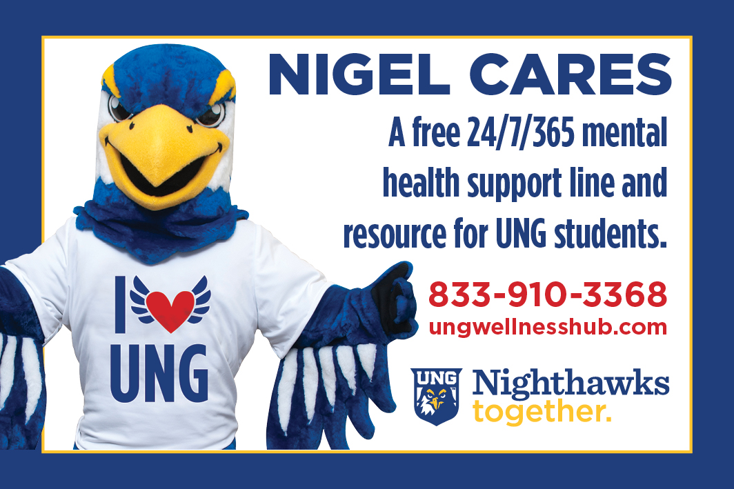 uofnorthgeorgia's tweet photo. Students, remember you have access to 24/7/365 mental health support through Nigel Cares. The support line can be reached at 833-910-3368. Visit https://t.co/9vKDyDd5S4 for other helpful resources. #NighthawksTogether https://t.co/PTKupc2IxK