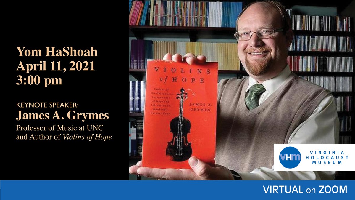 Every year, we pause to remember &amp; honor the 6 million Jews who perished in the #Holocaust. This year, our Day of Remembrance will be held virtually on 4/11 at 3pm. Dr. James Grymes, author of "Violins of Hope" will be the featured speaker. Register today: bit.ly/3uURZjJ
