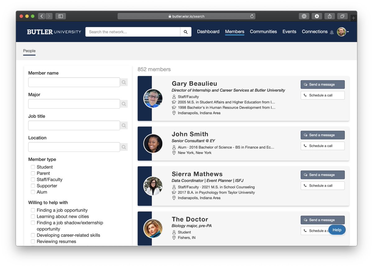 ButlerCareer's tweet image. .@butleru students: Bulldogs Connect (powered by Wisr) allows you to connect w/ @ButlerAlumni using filters such as major, employer, city, &amp;amp; identity: butler.edu/wisr

@bubewell @ButlerUlas @ButlerCOE @ButlerJCA @ButlerCCom @LacySchool @ButlerDiversity @ButlerUAbroad