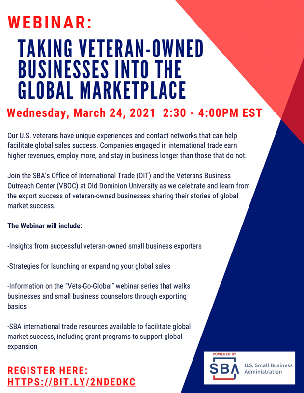 VetBizCenter's tweet photo. WEBINAR - Join to learn from the export success of veteran-owned businesses sharing their stories of global market success!

Register Here: https://t.co/YNva8D4Egk https://t.co/PAZGSvo6B8