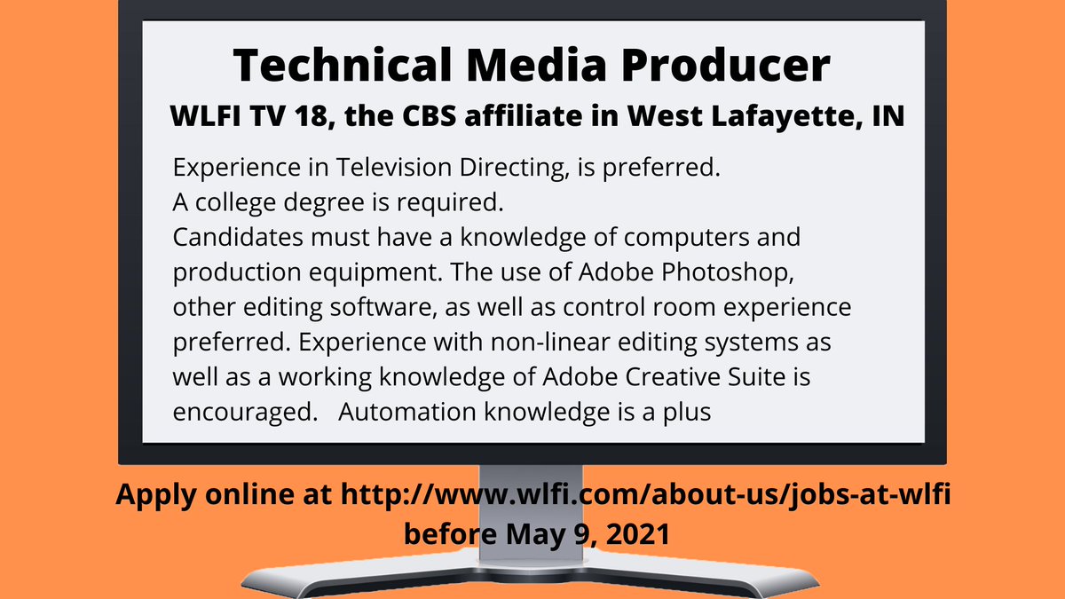IWUcom's tweet image. Are you graduating this spring and looking for a job? WLFI TV 18 is looking for a Technical Media Producer! Make sure you apply online before May 9!

#iwucomm #indwes #graduates #career #job #WLFI