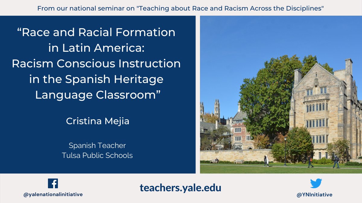 Yale National Initiative (@yninitiative) on Twitter photo “Race and Racial Formation in Latin America: Racism Conscious Instruction in the Spanish Heritage Language Classroom” is a curriculum unit by Yale National Fellow <a href="/cristinalila/">Cristina Mejia</a>—#SpanishTeacher <a href="/BTWHSTulsa/">BookerTWashingtonHS</a>—exploring race in Spanish lit & film. <a href="/TulsaSchools/">TulsaSchools</a> bit.ly/yni200205 “Race and Racial Formation in Latin America: Racism Conscious Instruction in the Spanish Heritage Language Classroom” is a curriculum unit by Yale National Fellow <a href="/cristinalila/">Cristina Mejia</a>—#SpanishTeacher <a href="/BTWHSTulsa/">BookerTWashingtonHS</a>—exploring race in Spanish lit & film. <a href="/TulsaSchools/">TulsaSchools</a> bit.ly/yni200205