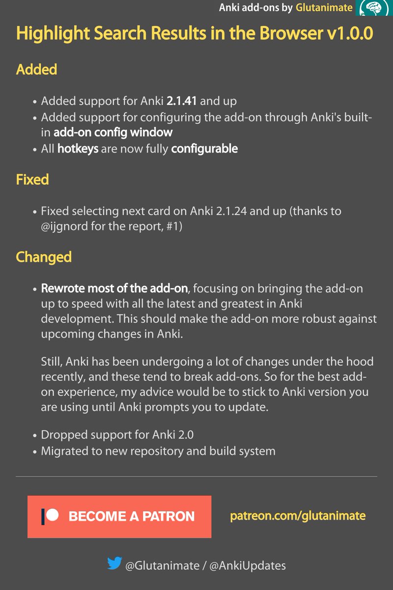 Highlight Search Results in the Browser v1.0.0 is now available on AnkiWeb!: ankiweb.net/shared/info/22…

Let me know what you think via <a href="/glutanimate/">Glutanimate</a>
Support my work: patreon.com/glutanimate

#AnkiAddons #AnkiSRS #Anki #SpacedRepetition