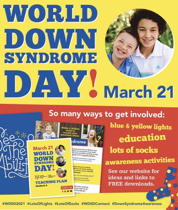 Countdown! #March21 is #WorldDownSyndromeDay.

Find resources, activity ideas, posters, virtual and in-class presentation downloads: cdss.ca/community/even… 

It's not too late - #CONNECT at school or work on Fri, March 19 via a presentation.

#MakeItHappen #Advocate #Inclusion