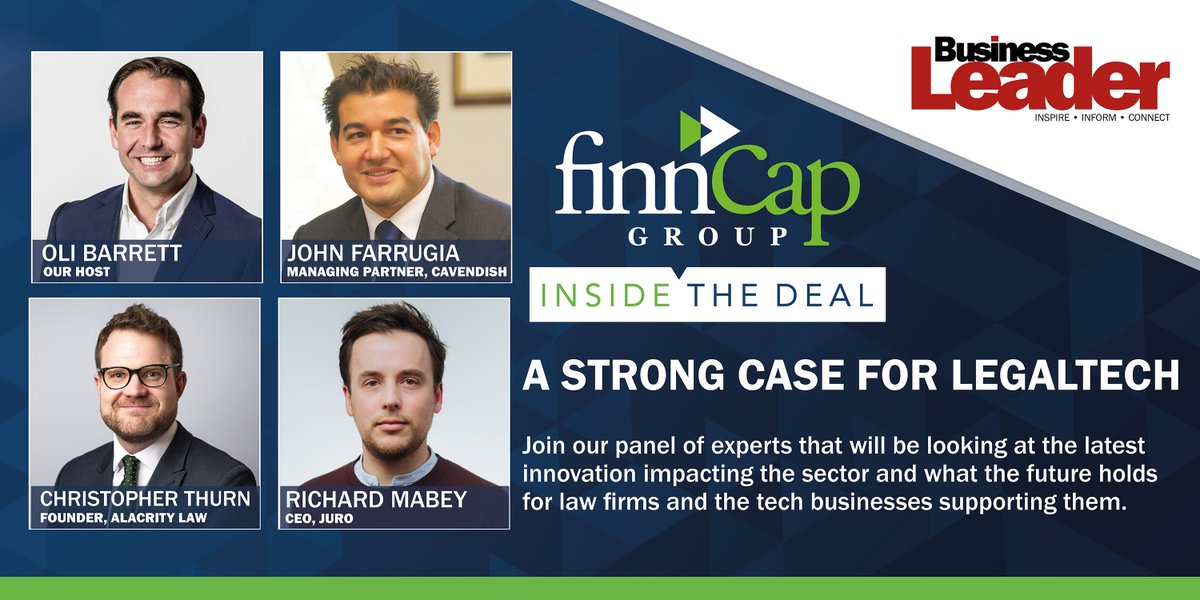 We've partnered with @finnCap for a new series called 'Inside the Deal'.  First up: A strong case for #LegalTech. Join <a href="/OliBarrett/">Oli Barrett</a> &amp; panellists from <a href="/CavendishCF/">Cavendish</a>, <a href="/desilvaphillips/">Oaklins DeSilva+Phillips</a>, <a href="/GetJuro/">Juro</a> &amp; <a href="/alacritylaw/">Alacrity</a>

🗓️ 1 Apr
⏰ 3PM - 4PM

Register your interest 👉 bit.ly/2PRZGqP