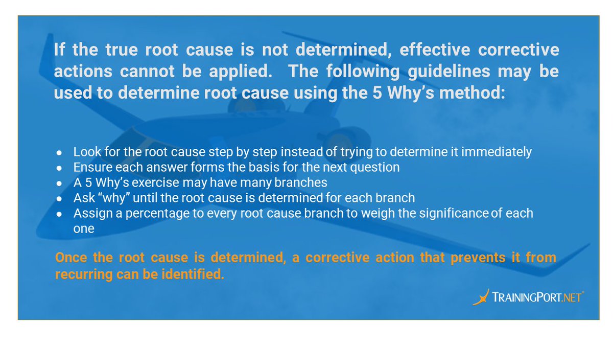 TrainingPortnet's tweet photo. Determining root cause(s) is a significant step in the SMS process. The 5 Why's methodology is a simple yet effective method to help get down to the root cause.

#businesaviation #sms #rootcauseanalysis #aviationsafety #aviationtraining #bizav #trainingport #trainingmatters https://t.co/CGnRrQ7U7u