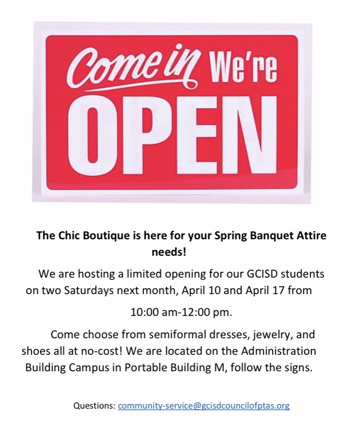 The Chic Boutique will be open on 4/10 and 4/17 from 10am -12:00pm for any shoppers needing a spring banquet dress.