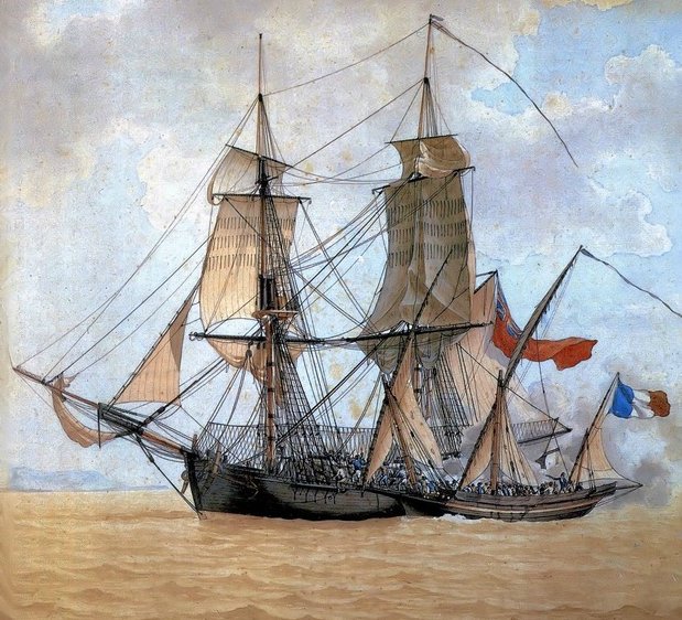 Trois_Ponts's tweet photo. Le navire corsaire l'Intrépide commandé par Bavastro prend à l'abordage l'Astrea britannique. Par Antoine Roux (1821-1887). https://t.co/IhYmnRHqhW