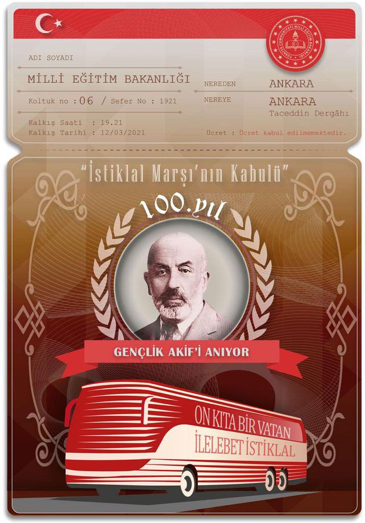 İstiklal Marşı'mızın 100. yılında, Mehmet Akif Ersoy'un o eşsiz dizeleri kaleme aldığı Taceddin Dergâhı'na hareket ediyoruz.

Link üzerinden 👉 ogm.eba.gov.tr/mehmetakif bir hatıra bileti oluşturarak sosyal medyada #OnKıtaBirVatan etiketiyle gururla paylaşabilirsiniz.