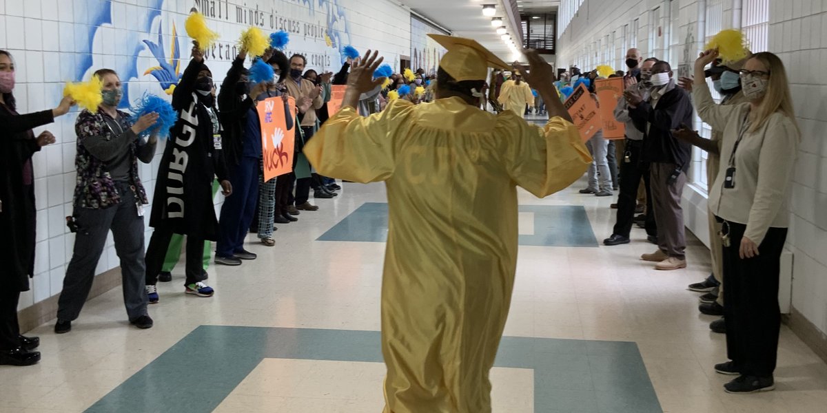 CorrectionsPA's tweet photo. While #COVID19 has canceled much, SCI Chester staff didn’t let it ruin the annual inmate #graduation.
 
The employees held a hybrid event with recorded speeches and a one-of-a-kind graduation walk down the facility's Main Street. https://t.co/b8ZR0m2Mef
