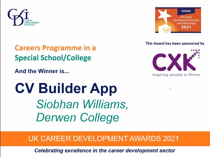 We won! <a href="/DerwenCollege/">Derwen College - Post-16 specialist college</a> is proud to have won the Career Development Awards Careers Programme in Special School/College award. Well done to all finalists. It was inspiring to see so many inspirational organisations and individuals celebrated for excellence in career development.