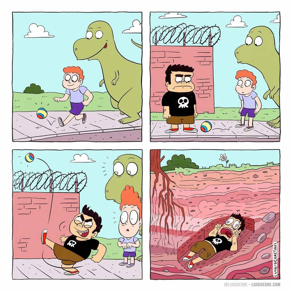 🦖 my friend is a killer by #luigisegre • #die or #dinosaur ⚰️ don’t touch my ⚽️ follow @luigisegre 🧨 colored by @eugins 🖍 #instacomics #igcomics #comics #webcomic #webtoon #darkhumor #death #humor #cartoon #cartoonist • #quarantinelife #emergency… instagr.am/p/CMPv8NHDiKR/