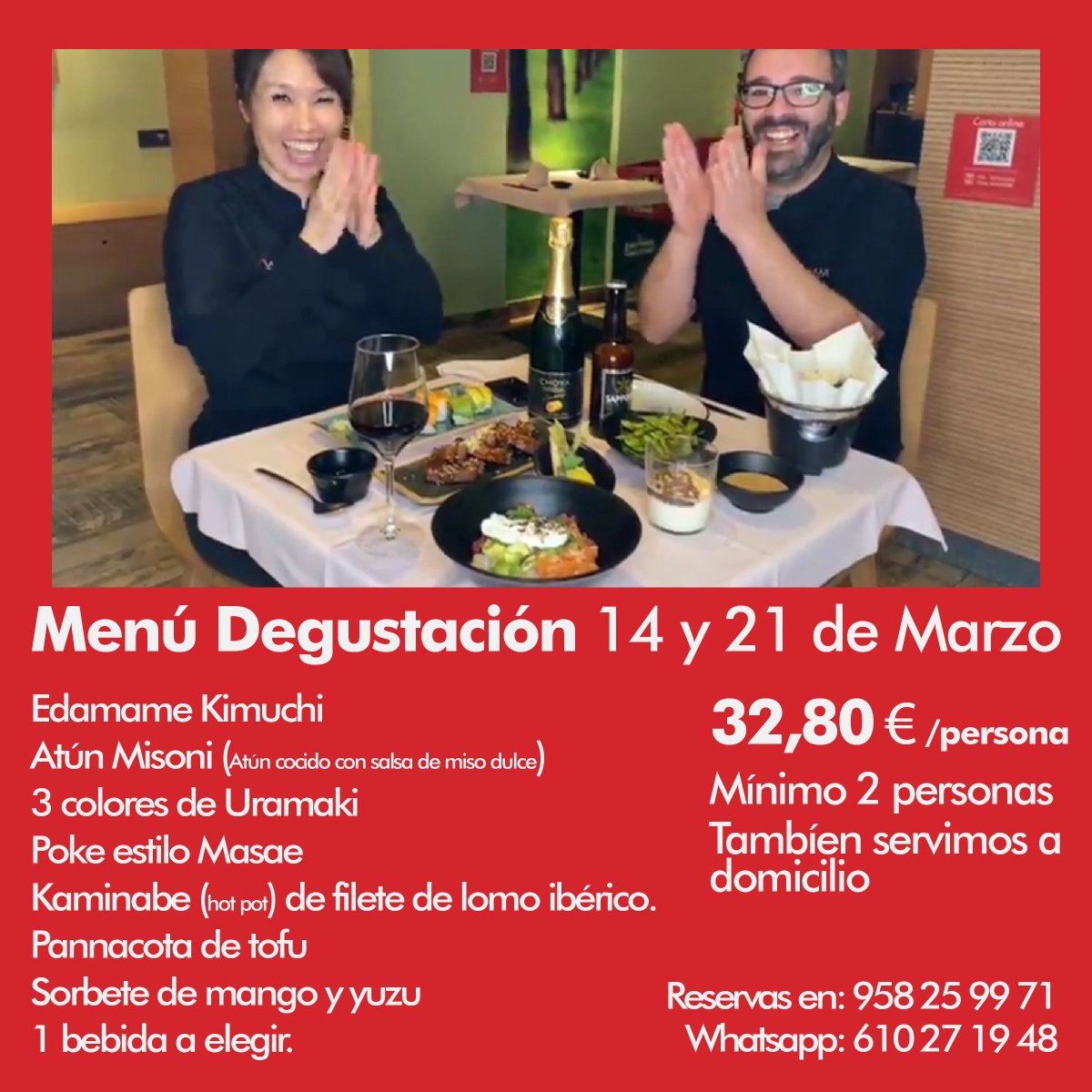 restmasae's tweet photo. Presentamos nuestro nuevo Menú Degustación.
5 platos y 2 postres. Mínimo dos personas.
32,80€ por persona. Servimos a domicilio o podéis reservar mesa desde ya para probarlo en uno de los dos días que lo vamos a servir, 14 y 21 de Marzo.
¡Gracias por visitarnos siempre! https://t.co/mXlRp3kYex