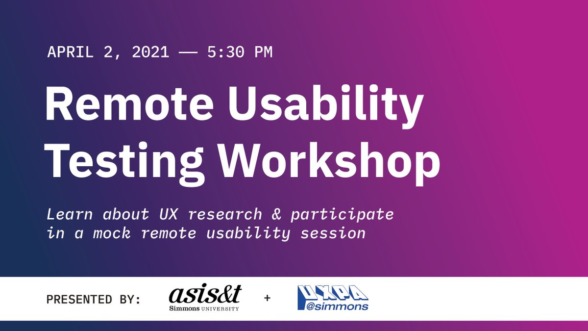 SimmonsASIST's tweet photo. Big news! We’re teaming up with @UXPASimmons for the Remote Usability Testing Workshop on Friday, April 2 at 5:30 p.m. EST. Join us for presentations on UX research and a mock usability testing session. 

➡️ Register: https://t.co/tddIuNykms https://t.co/nbKUjDbJ7K