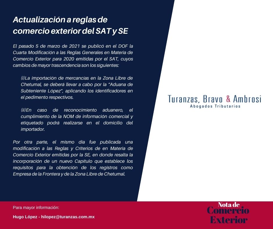 TBA_Turanzas's tweet photo. 📦 #NotaTributaria Actualización a Reglas de comercio exterior del SAT y la Secretaría de Economía.

#TBA #comercioexterior #foreigntrade #compliance #Mexico https://t.co/TOpGSgcLg6