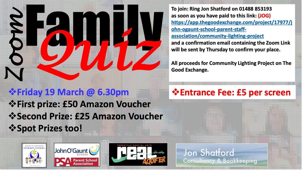 JOG_PSA's tweet photo. 🌟Join us for this online family quiz on Friday 19th March!🌟
£5 per screen payable via this link ⬇️ (click the ‘donate now’ button’) the Zoom details will be sent to you before the event, more details are on the attached poster or message us here.
https://t.co/wcGmzKXCYP https://t.co/ZzFtIeXJa5