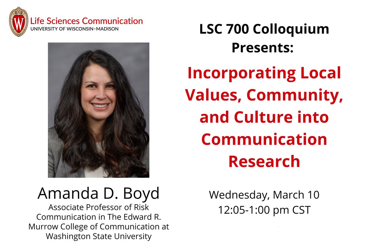 UW_LSC's tweet image. We are excited for today&apos;s #UWLSC700 presentation! Dr. @AmandaDBoyd is an Associate Professor of #riskcomm, #healthcomm, and #scicomm @MurrowCollege of Communication at Washington State University.