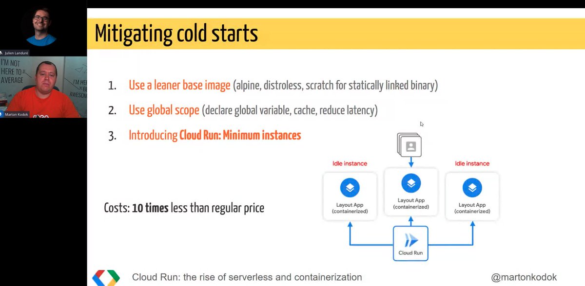 jlandure's tweet image. 📣 The rise of serverless and containerization
For our #Cloud Run Week 🚀

💡 Cold start problems with Cloud Run?
👉 Use a leaner base image
👉 Use global scope
👉 Use minimum instances
Thanks @MartonKodok @GoogleDevExpert @GoogleCloudTech 

Co-organized with @GDGCloudAbidjan 💚