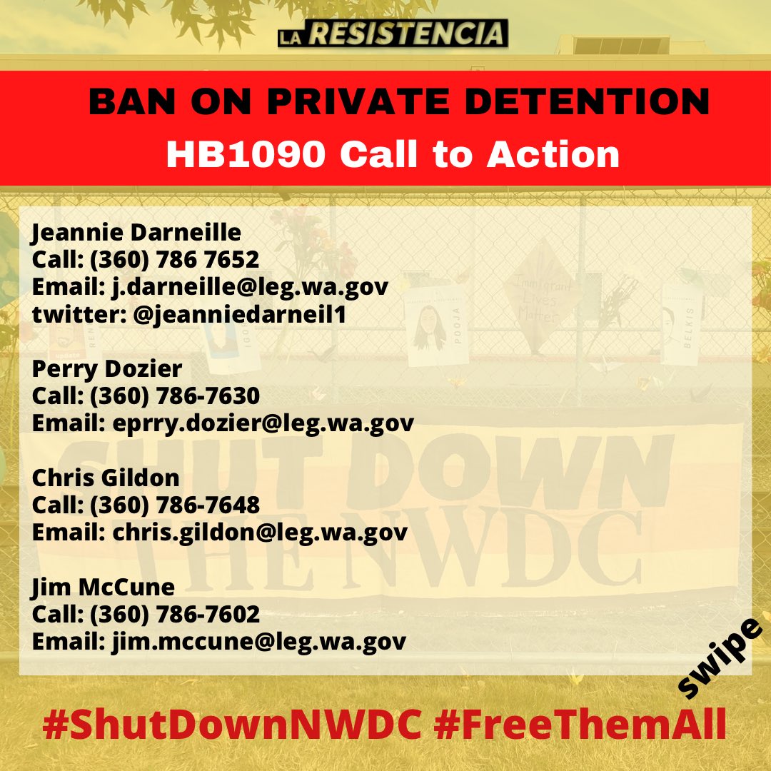 ResistenciaNW's tweet photo. It looks like a few different links have been circulated (oops!) and we want to make sure everyone has the right one for signing in PRO on #HB1090. Here is the CTA and correct link to sign in https://t.co/Nb0yJBhMWD please share widely!! #ShutDownNWDC #FreeThemAll https://t.co/Q53suegW8g