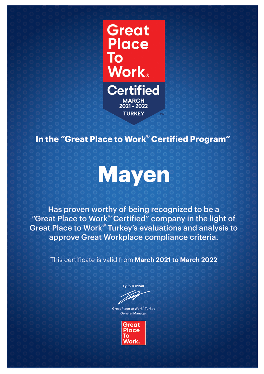 mayencrm's tweet photo. As Mayen Family, we are proud to announce that we have been honoured with the Great Place to Work Certificate. We would like to thank all of our colleagues who create a working environment with a culture of high trust. #GPTW #Mayen @GPTW_TR https://t.co/O1VojLOBba