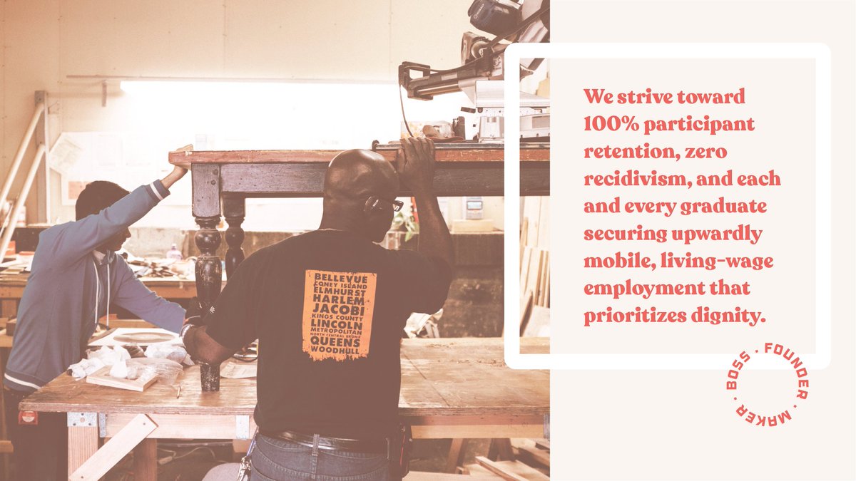 We set a high bar for our program to ensure participant success. We strive toward 100% participant retention, zero recidivism, and each and every graduate securing upwardly mobile, living-wage employment that prioritizes dignity. 4/4