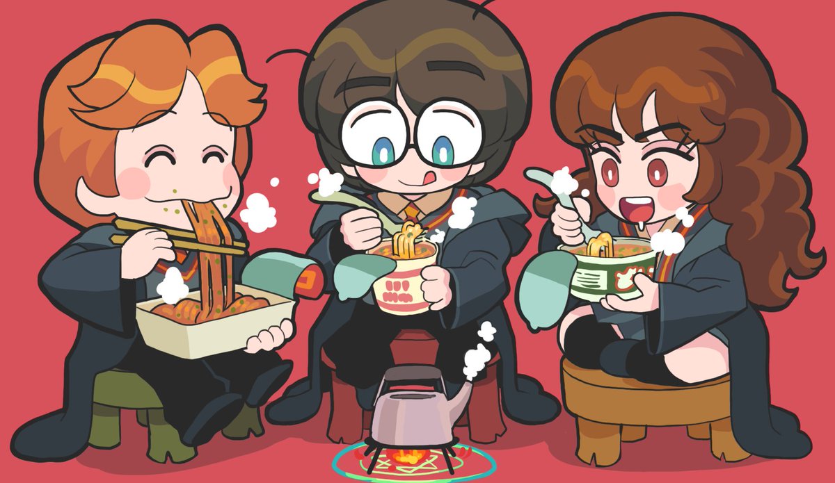 1girl noodles multiple boys 2boys food hogwarts school uniform brown hair  illustration images