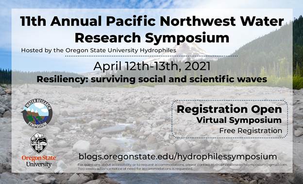 OSUHydrophiles's tweet photo. The 11th annual Hydrophile's Pacific Northwest Water Research Symposium is coming up! The virtual conference will be free to attend and feature keynote talks, workshops, a career panel, networking, and a trivia night! Register to attend or present (https://t.co/eVqkirTT3I) https://t.co/oomHrbYHy5
