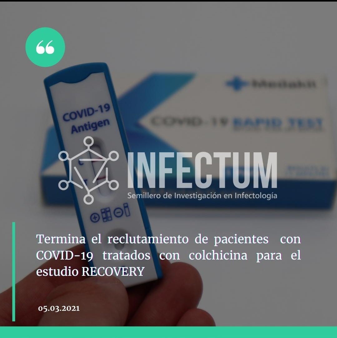 InfectumU's tweet photo. 💊 PÍLDORA INFORMATIVA 💊
El ensayo RECOVERY cierra el reclutamiento para el tratamiento con colchicina para los pacientes hospitalizados con COVID-19. No hay evidencia de menor mortalidad asociada al uso de este fármaco según diversos metánalisis del DMC.
Somos #INFECTUM https://t.co/I9f4soqRbg