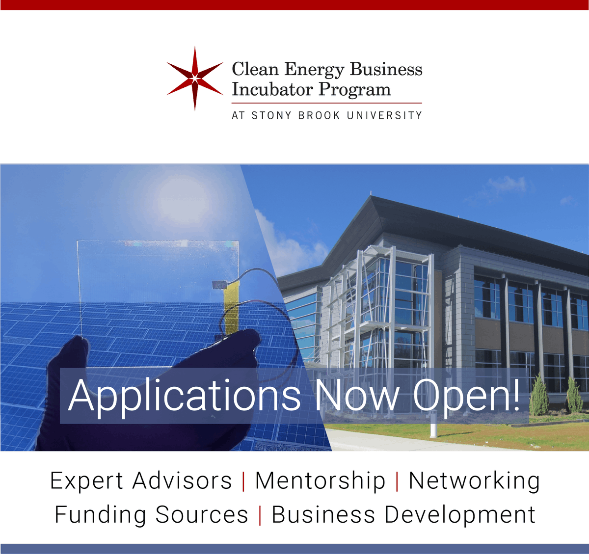 CEBIP_SBU's tweet photo. The CEBIP Program is now accepting applications from founders with a clean technology that has the potential to transform the market. Don't miss this rare opportunity. Learn more and apply this month at https://t.co/o290PlHL8O
@AERTC_SBU @NYSERDA @stonybrooku #NYSTAR @EcoDev_SBU https://t.co/4XkCUlX7AU