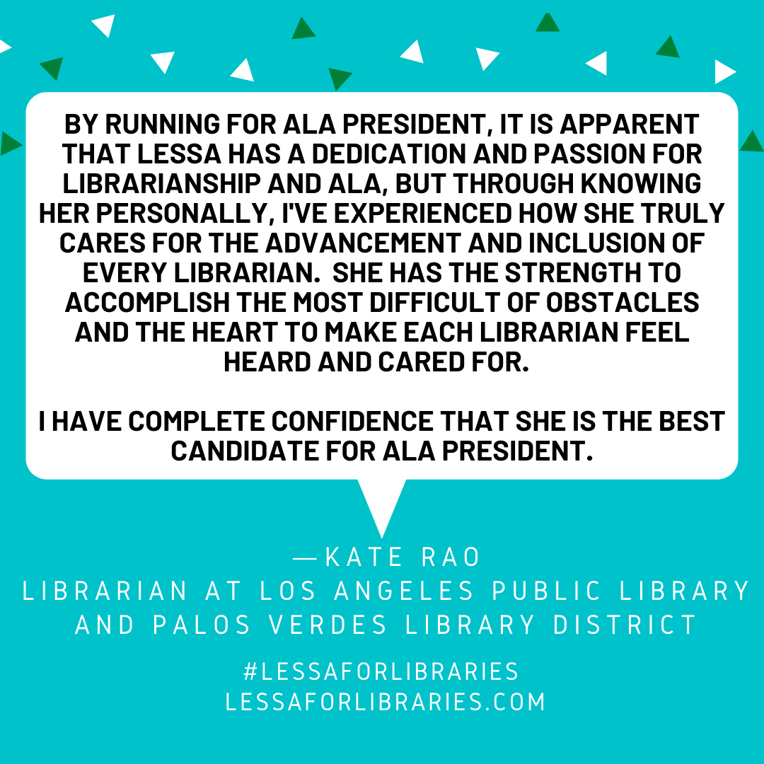 Lessa4Libraries's tweet photo. Thank you Kate Rao for your endorsement and confidence! #LessaForLibraries https://t.co/LwiDVzg6Md
