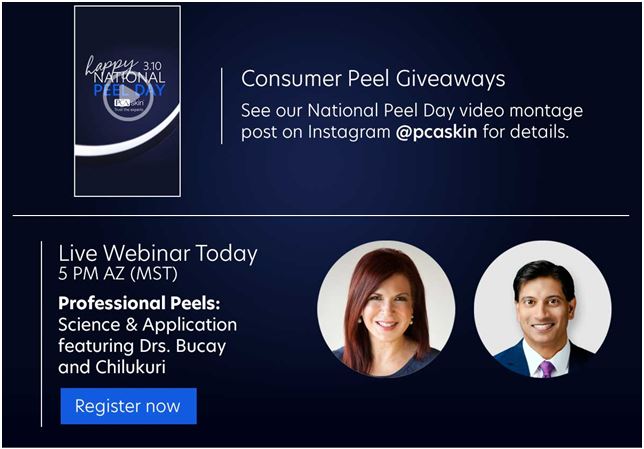 LIVE WEBINAR TODAY!  5 PM (CST)
Professional Peels: Science  &amp; Application featuring Drs. Bucay and Chilukuri!

REGISTER NOW ↓
bit.ly/3t6n0iH
#nationalpeelday #drvivianbucay #drchilukuri #chemicalpeels #peels #PCAskincare #PCApeels