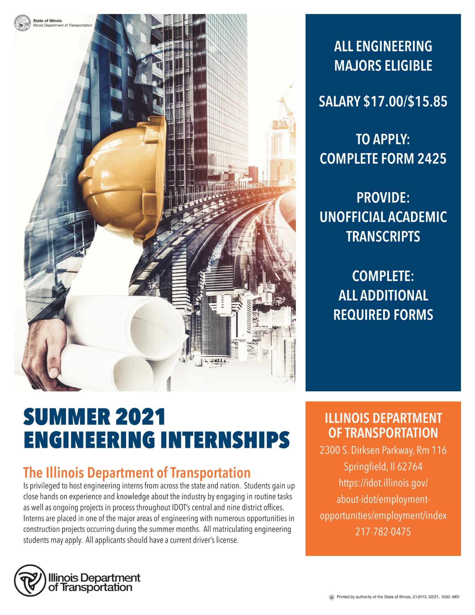 IDOT_Illinois on Twitter: "Calling all engineering majors! We have 135  openings across the state for Summer Engineering Internships. Check out the  flyer for details and then visit https://t.co/NoJ5dop7vd for positions in  each