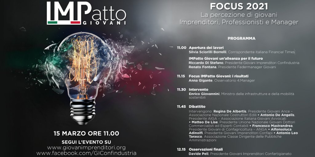 #IMPattoGiovani raccoglie le idee di giovani Imprenditori, Manager e Professionisti per sfruttare al meglio i fondi di Next Generation EU.

Il 15 marzo dalle ore 11.00 segui l'evento online moderato da <a href="/silvia_sb_/">Silvia Sciorilli Borrelli</a>, con l'intervento del Ministro Giovannini: bit.ly/3t0A8Gg