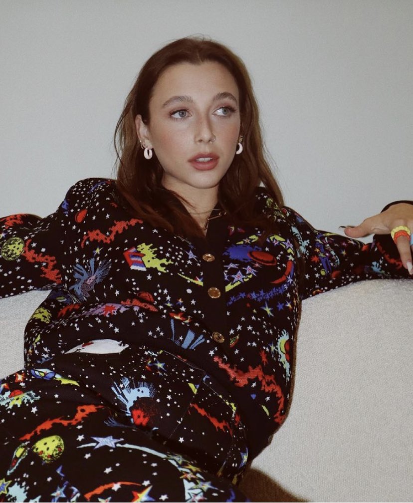 emma moodboards on X: emma chamberlain in louis vuitton ace pocket galaxy  print trousers ($1,360) and comic book galaxy pullover ($2,910) for #LVFW21   / X