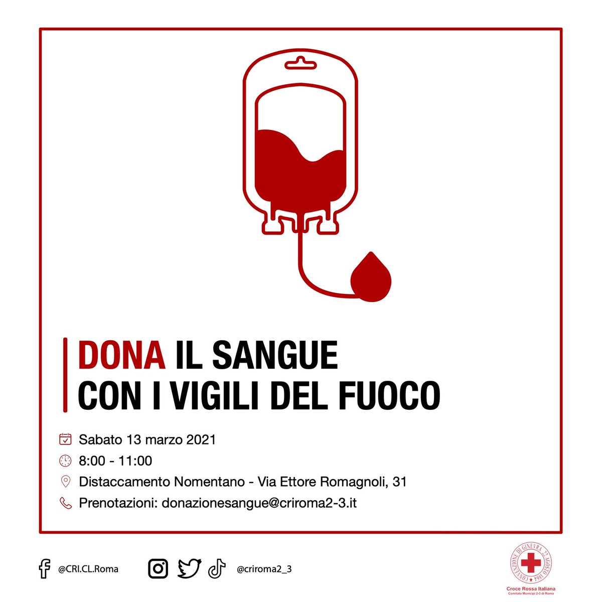 Nuovo appuntamento con la #donazionesangue.
Sabato 13 marzo, dalle 8 alle 11, presso il distaccamento Nomentano di Via Ettore Romagnoli 31. 
Per donare è obbligatoria la prenotazione all'indirizzo: donazionesangue@criroma2-3.it

#criroma2_3
#UnItaliaCheAiuta
#CroceRossaItaliana