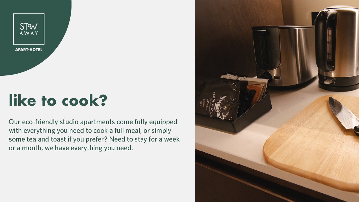Like to cook? Our eco-friendly studio apartments come fully equipped 
with everything you could need to cook a full meal, or simply some 
tea and toast if you prefer? 

Discover sustainable living, discover Stow-Away today
>>> buff.ly/2OMk74u