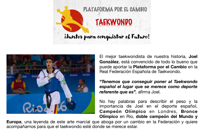 EFEdeportes's tweet image. 🥋 @joelgonzaleztkd se suma a la Plataforma por el Cambio en la RFET.

🗣️ "Me sumo a este proyecto para poner en marcha algo que la actual directiva no tuvo en consideración"

🗳️ RFET celebrará elecciones el 1 de mayo; la plataforma presenta como precandidato a Juan Carlos Eiriz.