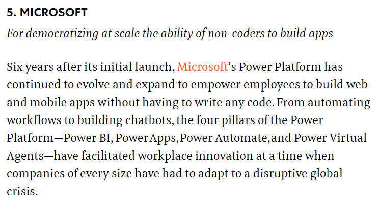 Charles Lamanna (@clamanna) on Twitter photo Honored to see Power Platform on the <a href="/FastCompany/">Fast Company</a> list of enterprise innovations for 2021, and most of all honored to be playing a part in democratizing development.
It will be the decade of citizen development :).
fastcompany.com/90600194/enter⦠Honored to see Power Platform on the <a href="/FastCompany/">Fast Company</a> list of enterprise innovations for 2021, and most of all honored to be playing a part in democratizing development.
It will be the decade of citizen development :).
fastcompany.com/90600194/enterā¦