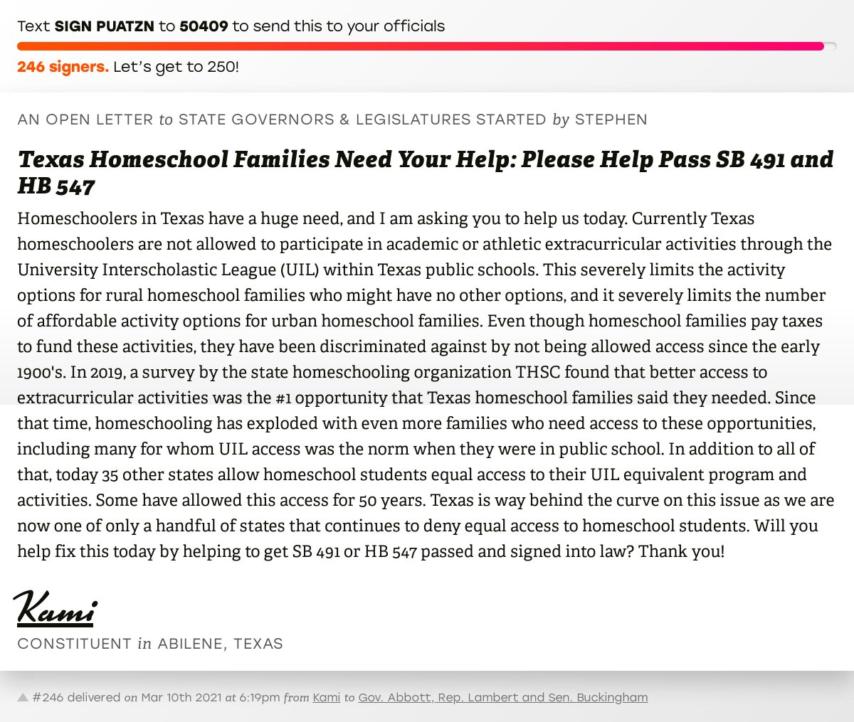 🖋 Sign “Texas Homeschool Families Need Your Help: Please Help Pass SB 491 and HB 547” and I’ll deliver a copy to your officials: x.com/messages/compo…

📨 No. 246 is from Kami to <a href="/GovAbbott/">Greg Abbott</a>, Rep. Lambert and Sen. Buckingham  #TXpolitics