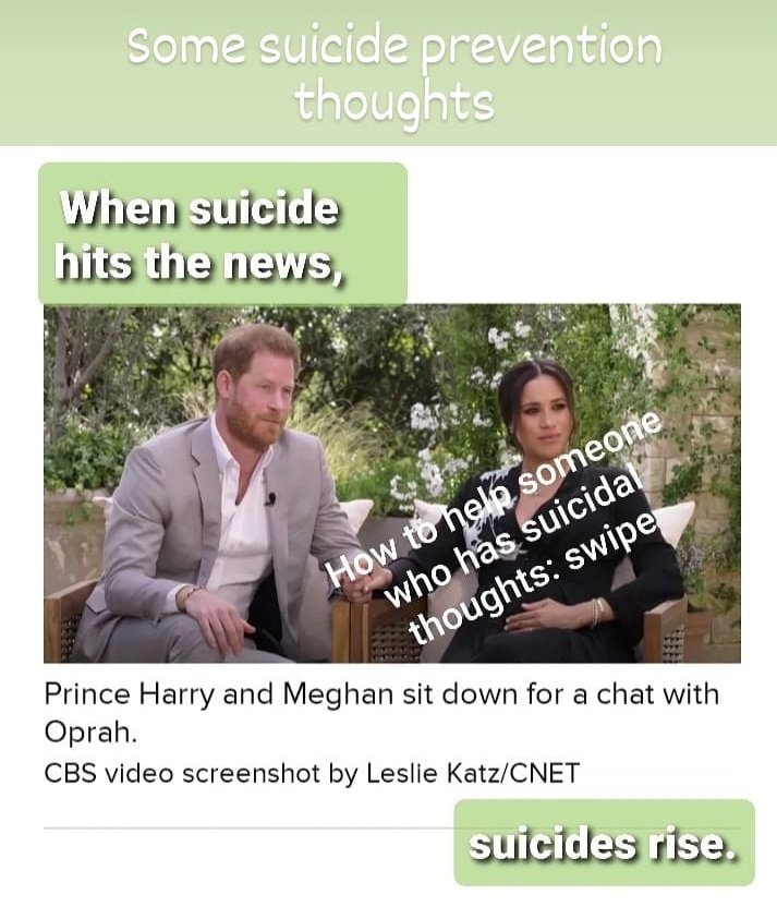 I feel the need to say something that's not 'in my lane.'When media coverage of suicide rises, so do suicides.Commentary on the  @Oprah interview with the Sussexes has been lacking in compassion not only for them, but for anyone who has experienced suicidal ideas.1/