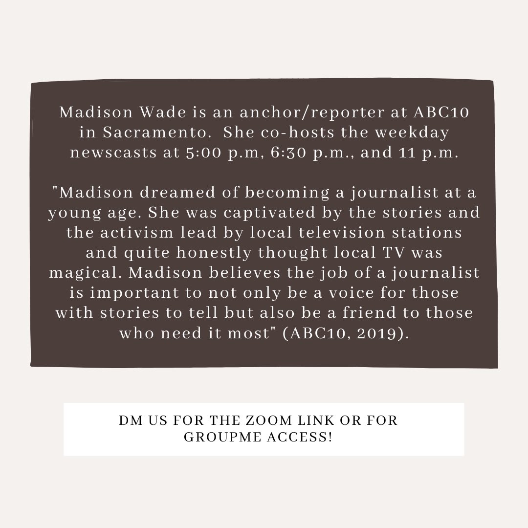 We are so excited to have Madison Wade, UTK alumna and current ABC10 reporter, speak to us this week! She will be discussing her show Unsolved California among many other things 🕵🏼‍♀️

As always, DM us for the Zoom link and GroupMe access 🥳