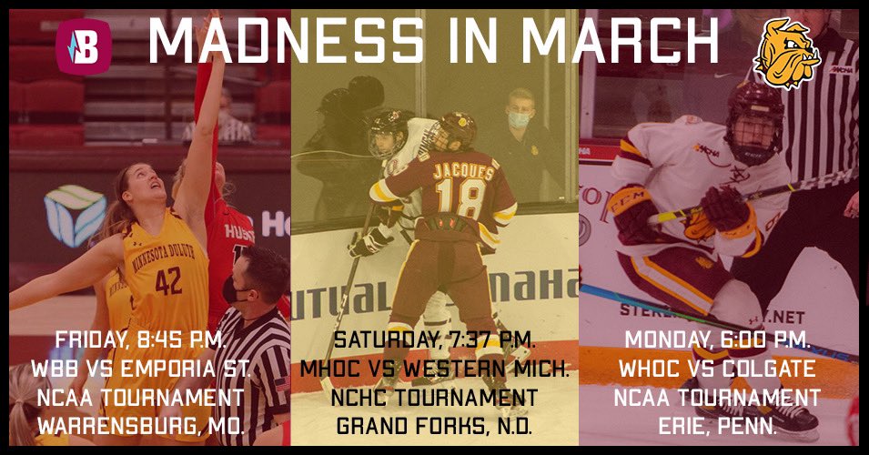 It's a big weekend for the <a href="/UMDBulldogs/">UMD Athletics</a> — three teams begin or continue their playoff runs. 
🏀 <a href="/UMDWomensBBall/">UMD Women's Bball</a> plays round one of the NCAA championship.
🏒 <a href="/UMDMensHockey/">UMD Men's Hockey</a> plays game one of the NCHC tournament.
🏒 <a href="/UMDWHockey/">UMD Women's Hockey</a> plays game one of the NCAA championship.
