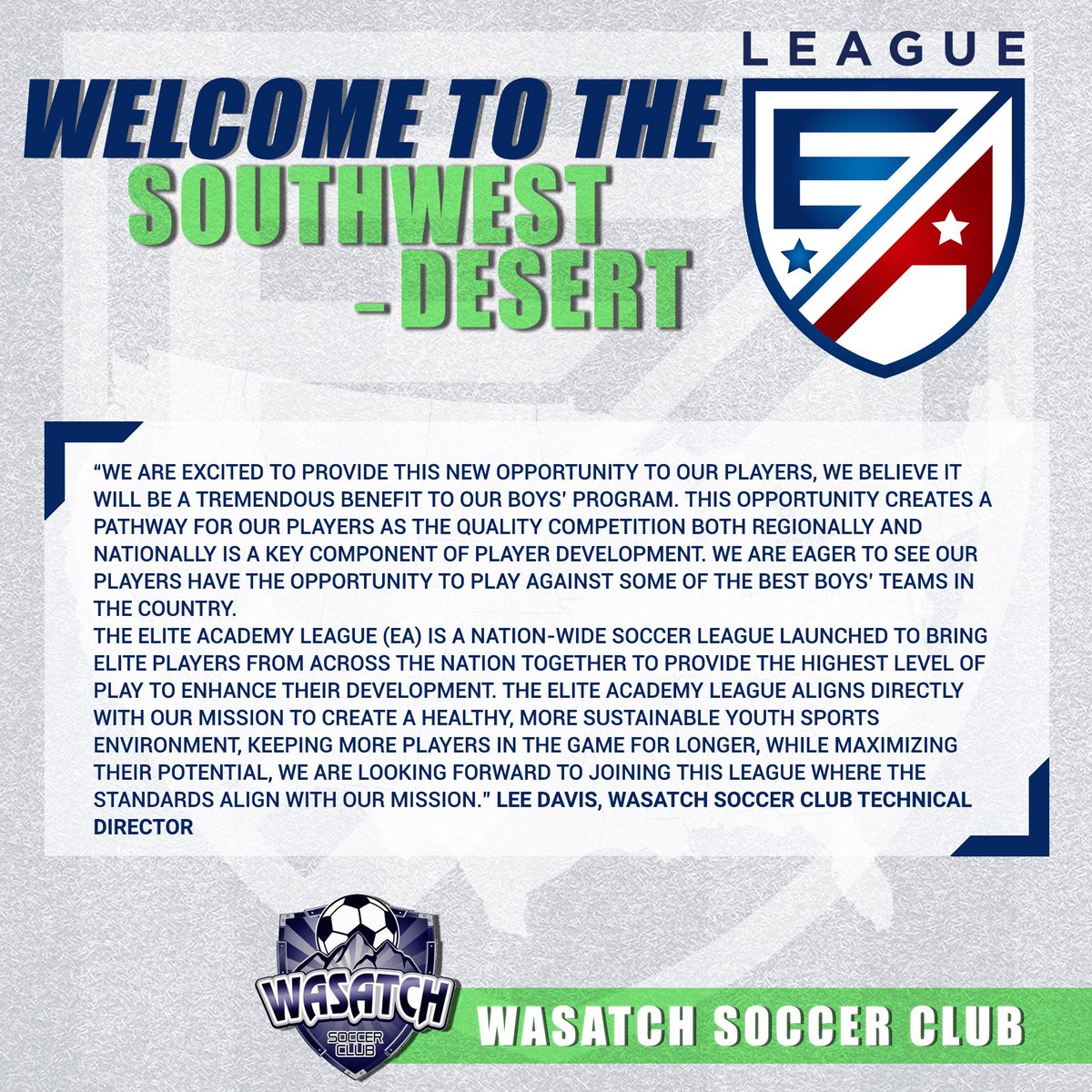 Welcome to the Elite Academy League and the Southwest-Desert Conference, <a href="/Wasatch_Soccer/">Wasatchsoccerclub</a>‼️

#EliteAcademyLeague #WERELITE