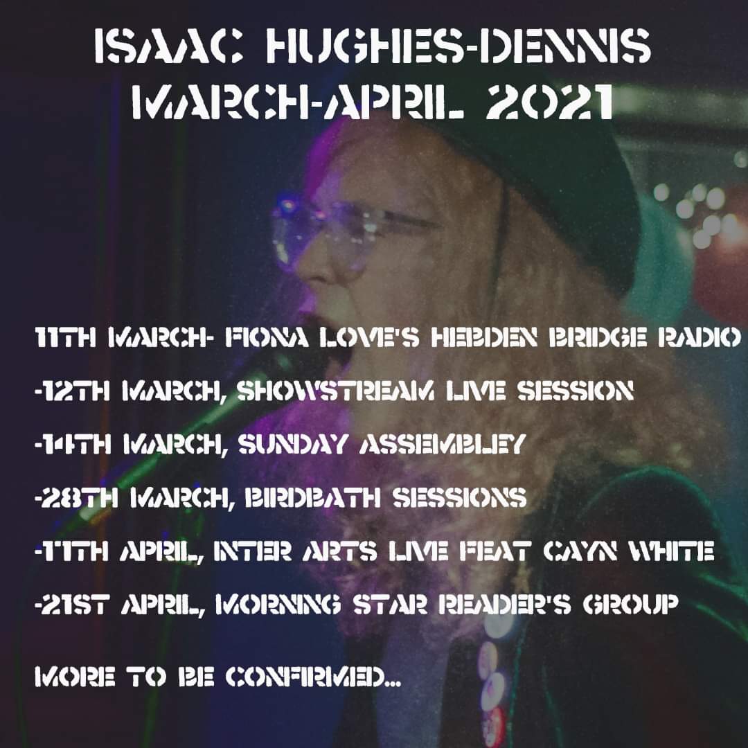 Brief list of all the occasions I have confirmed over the next couple of months, starting with Fiona Love's interview tomorrow night over on <a href="/CValleyRadio/">Calder Valley Radio</a>. Solidarity to all X

Photo credit- Tom Winstanley
