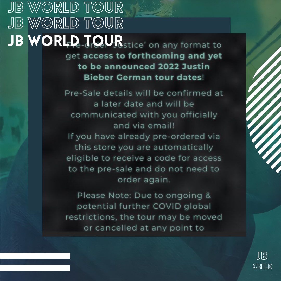 jbieberchl's tweet photo. #JustinBieber acaba de anunciar en su sitio web de UK y Alemania que pasara por dichos países en #JustinBieberWorldTour2022. Puedes tener acceso a la pre-venta de entradas para la gira de UK y Alemana al pre-ordenar su nuevo álbum #Justice. https://t.co/QYWPCMfjKt