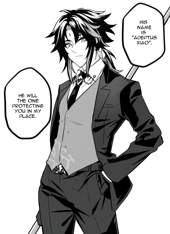 I just wanted an excuse to draw Xiao in a suit but now this looks like a bodyguard AU where Zhongli assigned him to protect you? 
