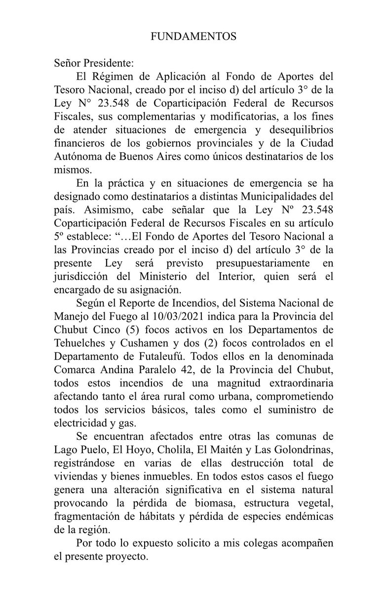Solicité mediante proyecto de resolución junto a colegas de JxC una asistencia económica urgente para las localidades alcanzadas por el incendio. Es importante que toda la dirigencia se ponga al servicio de miles de Argentinos afectados por los incendios en la comarca.